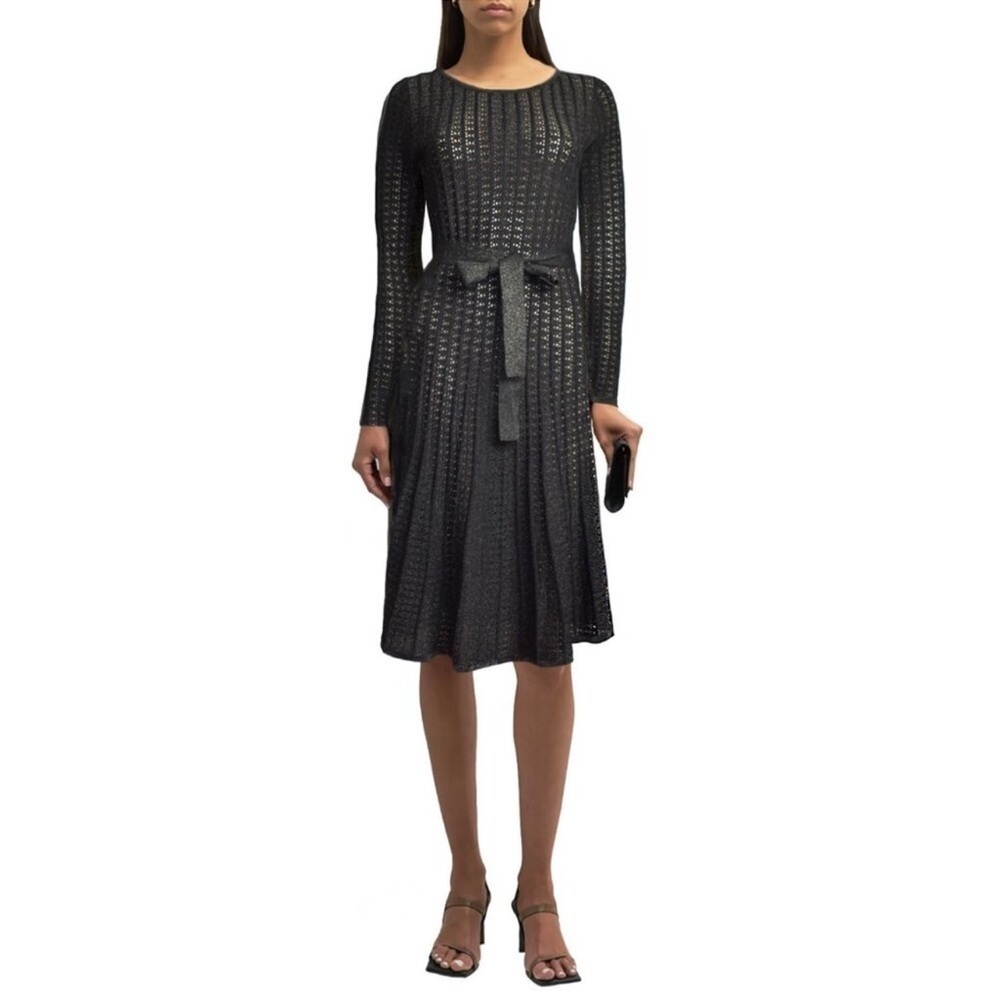 Elie Tahari Cherith Ribbed Shimmer Noir Gold Lures Dress